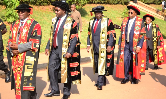 L-R: Vice Chancellor-Prof. John Ddumba-Ssentamu, Chairman Appointments Board-Mr. Bruce Kabaasa, Chairperson Council-Eng. Dr. Charles Wana-Etyem, Prime Minister-Rt. Hon. Dr. Ruhakana Rugunda and Chancellor-Prof. Ezra Suruma make their way to the Freedom Square, 21st February 2017, Makerere University, Kampala Uganda