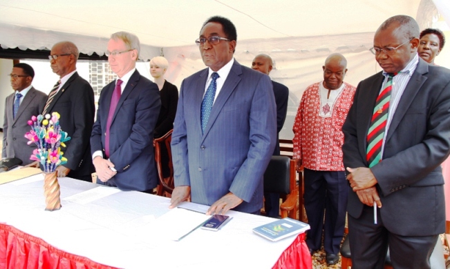 L-R: Director DRGT-Prof. Mukadasi Buyinza, Centre Coordinator-Prof. Elly Sabiiti, Swedish Ambassador-H.E. Per Lindgärde, Vice-Chancellor-Prof. John Ddumba-Ssentamu, Principal CAES-Prof. Bernard Bashaasha and oher guests at the Launch of the Centre, 17th February 2017, MUARIK, CAES, Kabanyolo, Wakiso