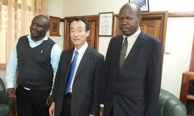 L-R Dr Frank Kalema,Prof. Dr ANDO Takayuki, the Director, Centre for International Affairs, Tottori University and Dr Okello Ogwang, Deputy Vice Chancellor (Academic Affairs)