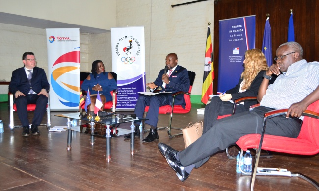 R-L: Vision Group CEO-Mr. Robert Kabushenga, Panelist-Ms. Cyrielle Hariel, Moderator-Mr. Samson Kasumba, Panelist-Ms. Rosebell Kagumire and Panelist-Mr. Olivier Zegna Rata at the Academics Day, Uganda-France Friendship Week, 22nd March 2017, Makerere University, Kampala Uganda