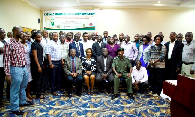 Seated L-R: CAPSNAC Principal Investigator-Prof. Samuel Kyamanywa, Deputy Principal CAES-Assoc. Prof. Gorettie Nabanoga, RDC Mbale-Mr. Shilaku James with other participants at the Annual Dissemination Workship, 28th February 2017, Mbale Resort Hotel, Mbale, Uganda