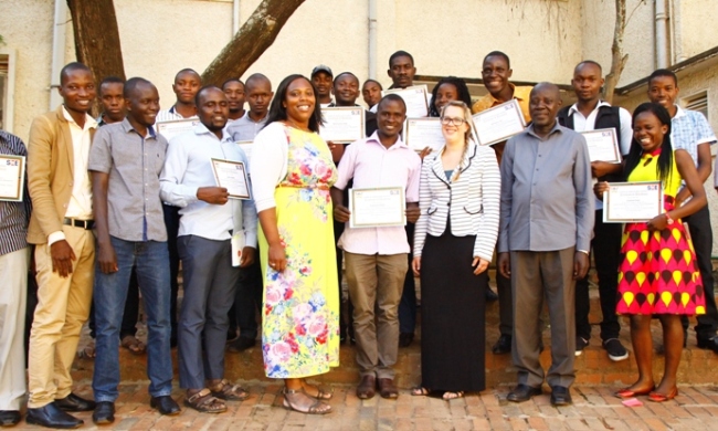SEE Project Principal Investigator-Prof. Felix Bareeba (2nd R) with Project Evaluators Ms. Emma Falk (3rd R) and Ms. Joyce Achampong (5th R) and participants after the certificate award ceremony, 23rd February 2017, CAES, Makerere University, Kampala Uganda