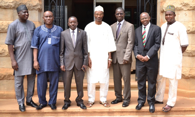 Uganda's High Commissioner to Nigeria-H.E. Nelson Ocheger (3rd L), IBBU Vice Chancellor-Prof. Muhammad M. Maiturare, Ag. Vice Chancellor-Prof. Edward Kirumira, Principal CAES-Prof. Bernard Bashaasha and members of the IBBU delegation pose for a photo after the courtesy call, 2nd March 2017, Main Building, Makerere University, Kampala Uganda