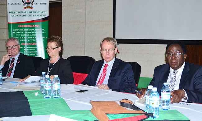 L-R: Leif Abrahamson,1st Secretary & Senior Research Advisor-Dr. Gity Behravan, H.E. Amb. Per Lindgärde and Vice Chancellor Prof John Ddumba-Ssentamu at the Annual Planning Meeting