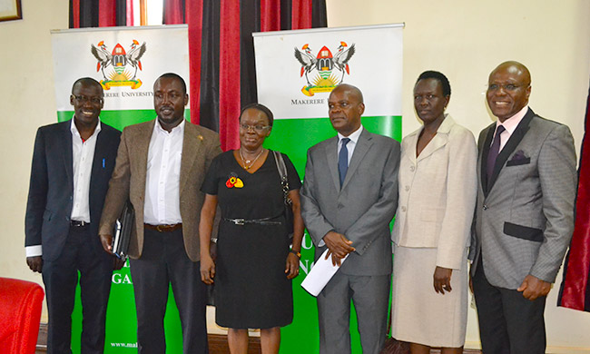 Members of the Search committee: (L-R) Dr. Frank Mwine, Mr. Bruce B. Kabaasa, Hon. Irene Ovonji Odida- Chairperson, Prof. Joseph Y.T. Mugisha, Dr. Betty Ezati, and the Mr Goddy Muhumuza-representing the Committee Secretary.