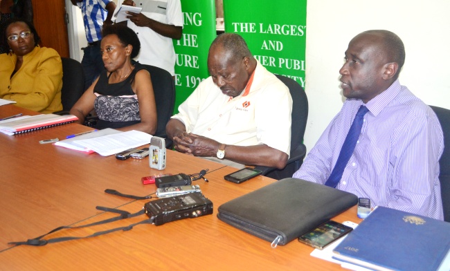 Chairperson MakEF Board of Trustees-Dr. Martin Aliker (2nd R) flanked by Board Members; Mr. Martin Owiny (R), Amb. Edith Grace Ssempala (2nd L) and Director PDD-Dr. Florence Nakayiwa addresses the Press Briefing, 26th May 2017, PDD, Lincoln Flats, Makerere University, Kampala Uganda