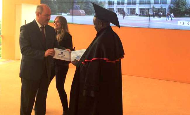 Prof. Barnabas Nawangwe (R) is bestowed upon the title Honorary Professor by the Rector of BSTU-Prof. Sergei Glagolev, 18th May 2017, Belgorod, Russia