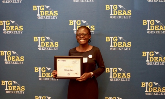 PedalTap Lead Innovator-Grace Nakibaala shows off her plaque following the BIG IDEAS 2016/17 Award Ceremony, 3rd May 2017, Blum Centre for Developing Economics, University of California Berkley, USA