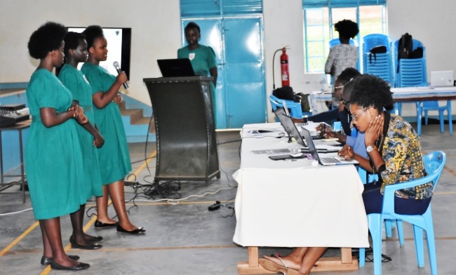 Gayaza High School students make their pitch before the RAN Team at the Kampala Technovation Regional Challenge, 2nd May 2017, Nabisunsa Girls School, Kampala Uganda