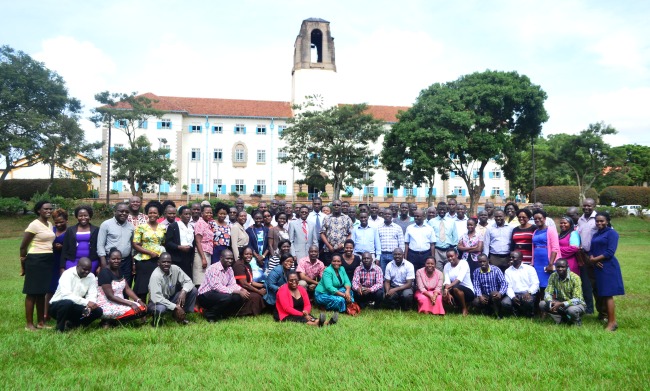 Prof. Mukadasi Buyinza and Prof. Wilfred Lajul (Centre) surrounded by PhD Students from Mak, KYU, BU, MUST and GU attending the Philosopy of Method cross-cutting Course, 12th-23rd June 2017, Makerere University, Kampala Uganda