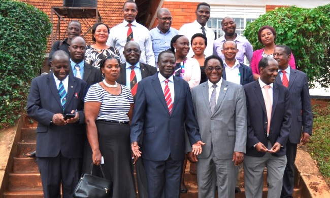 Front L-R: Principal CHS-Assoc. Prof. Charles Ibingira, University Librarian-Dr. Hellen Byamugisha, Chairperson Council-Eng. Dr. Charles Wana-Etyem, Vice Chancellor-Prof. John Ddumba-Ssentamu, Prof. Moses Kamya with members of Management and CHS & Library Staff at the World Library Day Celebrations, 16th June 2017, CHS, Mulago Hospital Complex, Makerere University, Kampala, Uganda