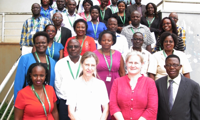 Front R-L: Director DRGT-Prof. Mukadasi Buyinza, Prof. Liezel Frick, Dr. Ruth Albertyn and a participant at the Launch of the 3rd Joint Doctoral School, 3rd July 2017, Pharmacy Dept, Makerere University, Kampala Uganda