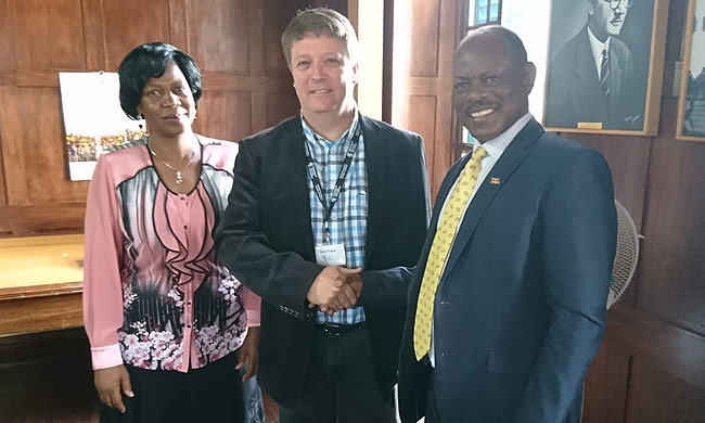 [R-L] Vice Chancelllor Prof Nawangwe, Mr. Nico Elema - Manager Centre for Collaboration in Africa (CCA) at Stellenbosch University and Martha L.Muwanguzi, international Office
