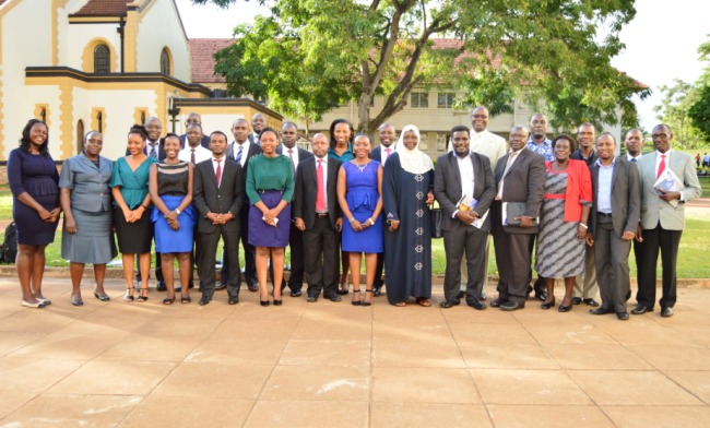 Chairperson MURBS Board-Mr. Wilber Naigambi (Rear:4th R), Secretary-Dr. John Kitayimbwa (Front: 5th R) Fmr. Chairperson-Hajati Fatumah Nakatudde (Front 6th R) with Trustees, Secretariat, Fund Managers, Lawyers and other service providers after the 7th AGM, 26th October 2017, Makerere University, Kampala Uganda