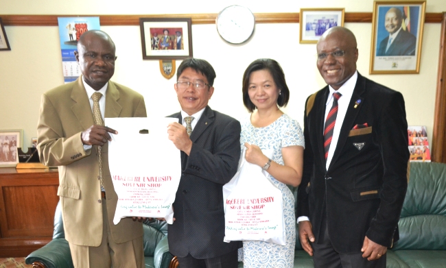 L-R: Assoc. Prof. Eria Hisali, Dr. Jeff J.L. Lin, his wife Mrs. Mei Yvan and Mr. Goddy Muhumuza after the meeting on Thursday 5th October 2017, in the Office of the Vice Chancellor, Makerere University, Kampala Uganda