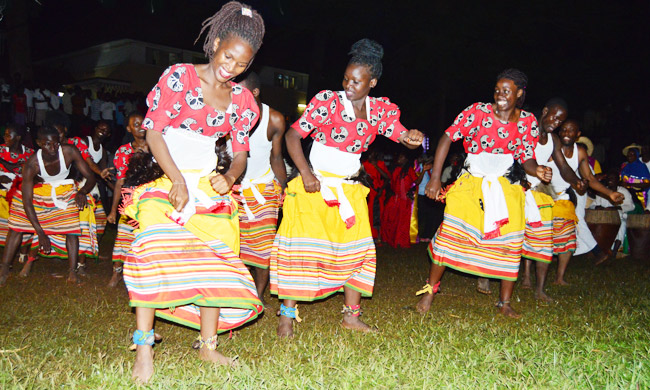 Baganda Nkobazambogo Makerere University Students Association performing their traditional dance.