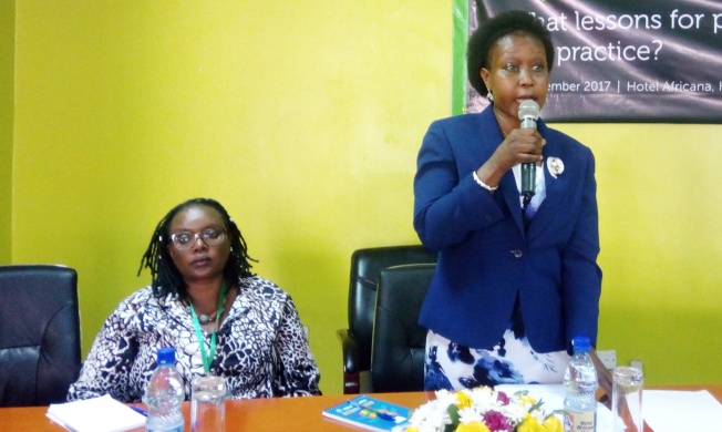 Ms. Lucy Iyango (R) flanked by Dr. Esther Mwangi (C) officially opened the colloquium on behalf of State Minister for Environment-Hon. Mary Gorettie Kitutu on 22nd November 2017, Hotel Africana, Kampala Uganda