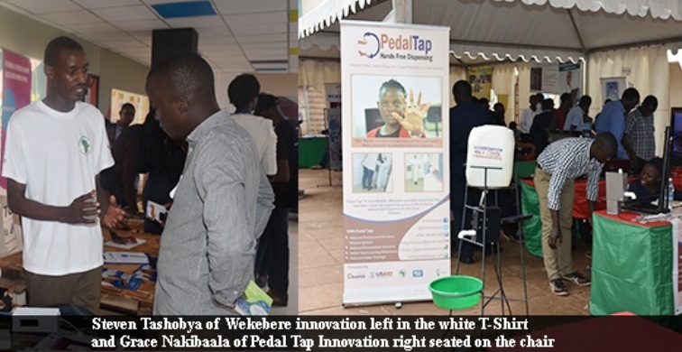 Stephen Tashobya, Lead Innovator-Wekebere Team (L) and Grace Nakibaala, Lead Innovator-Pedal Tap at the Green Drinks Event, Innovation Village, 13th September 2017, Kampala Uganda