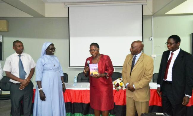 L-R: Dr. Gilbert Gumoshabe, Prof. Sr. Dominic Dipio, Dr. Josephine Ahikire, Mwalimu Prof. Austin Bukenya and Dr. Okot Benge launch Word Craft, 9th November 2017, QAD Telepresence Centre, Makerere University, Kampala Uganda
