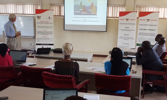 Prof. Henk G. Sol makes his presentation during the Research Methodology Workshop, 8th November 2017, CoCIS, Makerere University