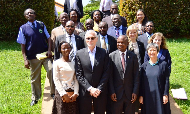 NORAD Dir. Gen-Mr. Jon Lomøy (2nd L), H.E. Amb. Susan Eckey (R) Ag. DVCFA-Dr. Eria Hisali (2nd R) Snr. PRO-Ms. Ritah Namisango (L) with Members of Management and Staff during the visit to Makerere University on 21st November 2017.