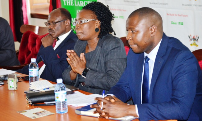 L-R: Vice Chancellor-Prof. Barnabas Nawangwe, Director Planning-Dr. Florence Nakayiwa and Ag. CEO Mak Holdings-Mr. Moses Nadiope briefing the media about the upcoming Property Inverstor Conference to be held 5th December 2017 at the Kampala Serena Hotel