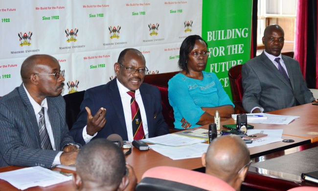 Vice Chancellor-Prof. Barnabas Nawangwe (2nd L), flanked by L-R: Dr. Arthru K. Tugume, Dr. Anne Margaret Akol and Principal CoNAS-Prof. J.Y.T. Mugisha during the Monthly Media Briefing, 27th November 2017, Makerere University, Kampala Uganda. Prof. Nawangwe reiterated Makerere University's commitment to produce research relevant to societal problems and gave updates on the upcoming Property Investor Conference among other issues.