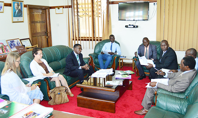 Deputy Vice Chancellor (Finance &Administration) Prof. William Bazeyo (R), Susanne Spets - Head of Development Cooperation(L), Gity Behravan - First Secretary,Research Cooperation(2nd L) at the meeting with a team from Directorate of Graduate Training.