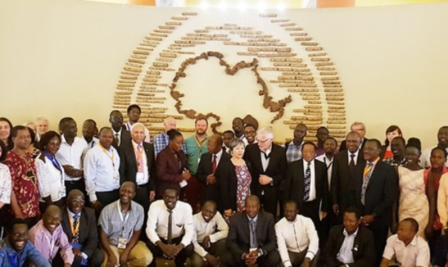 State Minister for Higher Education-Hon. John C. Muyingo, Dir. Gen. NORAD-Mr. Jon Lomøy, Norwegian Ambassador-H.E. Susan Eckey, Chancellor-Prof. Ezra Suruma, Representing the VC-Dr. Eria Hisali, PI-Prof. Samuel Kyamanywa with delegates at officials during the ICERAP opening ceremony, 22nd November 2017, Speke Resort Munyonyo, Kampala Uganda