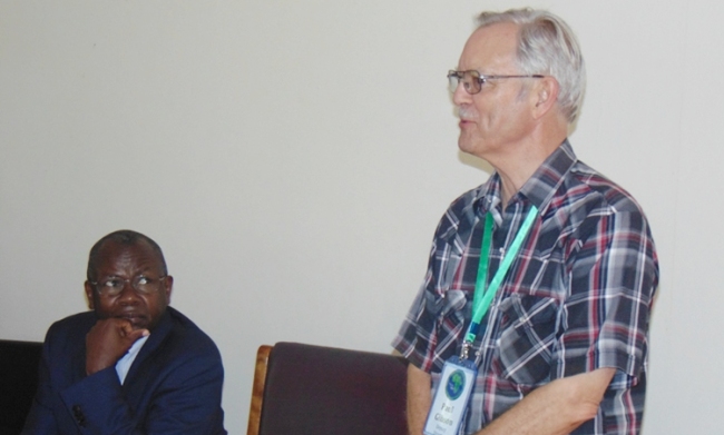 Principal CAES-Prof. Bernard Bashaasha (Left) listens as Prof. Paul Gibson-Deputy Centre Director for MaRCCI addresses participants on 28th November 2017, MUARIK, CAES, Makerere University, Wakiso, Uganda