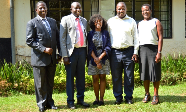 L-R: Mr Cyriaco Kabagambe, Mr. Henry Nsubuga, Ms. Nina Odoro-IREX, Mr. Agaba Issa Mugabo and Ms. Rita Kyamuhangire after the meeting at the Guest House, 4th December 2017, Makerere University, Kampala Uganda