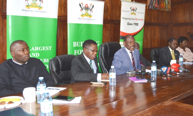 The Vice Chancellor-Prof. Barnabas Nawangwe (3rd L) flanked by R-L: Ag. Director HR-Mrs. Dorothy Sennoga Zake, Ag. DVCFA-Prof. William Bazeyo, DVCAA-Dr. Ernest Okello Ogwang, Director DRGT-Prof. Buyinza Mukadasi and Director DICTS-Mr. Frank Kitumba addresses the Media on Friday, 22nd December 2017, Makerere University, Kampala Uganda. Prof. Nawangwe thanked the Media for the balanced coverage accorded to Makerere during his first 100 days in Office.