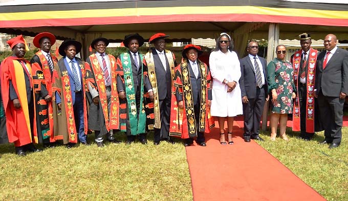 R-L: H.E. Prof. Maj. Gen (Rtd) Lekoa Solly Mollo, Mr. Alfred Masikye Namoah, H.E. Phumeza Mukendi, Hon. Wilson Muruli Mukasa, Ms. Gandhi Baai, Chancellor-Prof. Ezra Suruma, Chair Council-Eng. Dr. Charles Wana-Etyem, Mr. Bruce Balaba Kabaasa, Prof. Barnabas Nawangwe, Prof. William Bazeyo, Prof. Edward Kirumira and Dr. Odoi Tanga at the fourth session of the 68th Graduation Ceremony on 19th January 2018. Ms. Baai received the Honorary Doctorate of Laws on behalf of her Aunt Mrs. Winnie Madikizela Mandela.