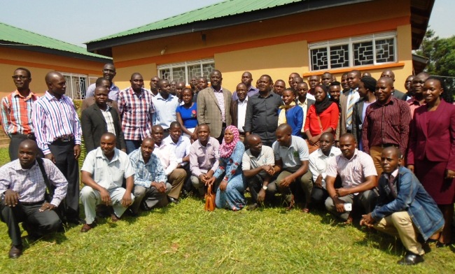 Participants in the Micro-Irrigation Training pose with CAES Staff and MAAIF Commissioners during the event, 15th January 2018, CAEC, MUARIK, CAES, Makerere University, Wakiso Uganda.