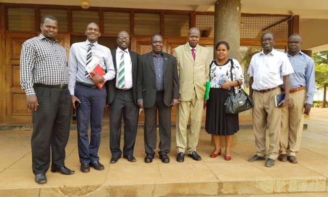 DVCAA-Dr. Ernest Okello Ogwang (4th L) with L-R: Mr. Deo Ibanda-CEES Procurement Officer, Mr. Joshua Bateze-DELP Project Office, Dep. Principal CEES-Dr. Paul Muyinda Birevu, CAO Lira-Mr. Mark Tivu, National Coordinator Center for Lifelong Learning-Ms. Rose Atugonza, Dean SoDLL CEES-Dr. Alex Okot and Mr. Ayile Lads-CEES Lira afer a tour of the College Premises, 11th January 2018, Lira Uganda. The DVCAA featured on Q FM Lira to popularise Makerere's ODeL programs