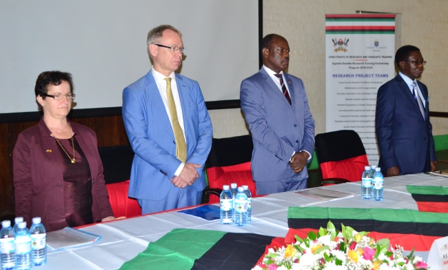 L-R: First Secretary Research Cooperation-Dr. Gity Behravan, Swedish Ambassador to Uganda-H.E. Per Lindgärde, Vice Chancellor-Prof. Barnabas Nawangwe and Director Research & Graduate Training-Prof. Buyinza Mukadasi at the Mak-Sida ARM Opening Ceremony, 2nd October 2017