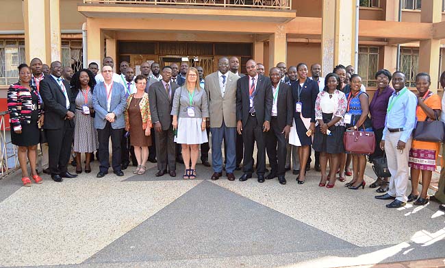 Ms. Susanne Spets-Head of Development Cooperation, Embassy of Sweden (7th L), flanked by Prof. Mukadasi  Buyinza and Dr. Gity Behravan (to her right) and Prof. Tonny Oyana, Mr. Charles Barugahare and Eng. Dr. David Turahi (to her left) and other stakeholders on Day One of the Multi-stakeholder Workshop to review the ICT Policy and Masterplan, 22nd January 2018, Makerere University, Kampala Uganda. Ms. Spets urged stakeholders to consider sustainability beyond Mak-Sida Bilateral Cooperation funding period