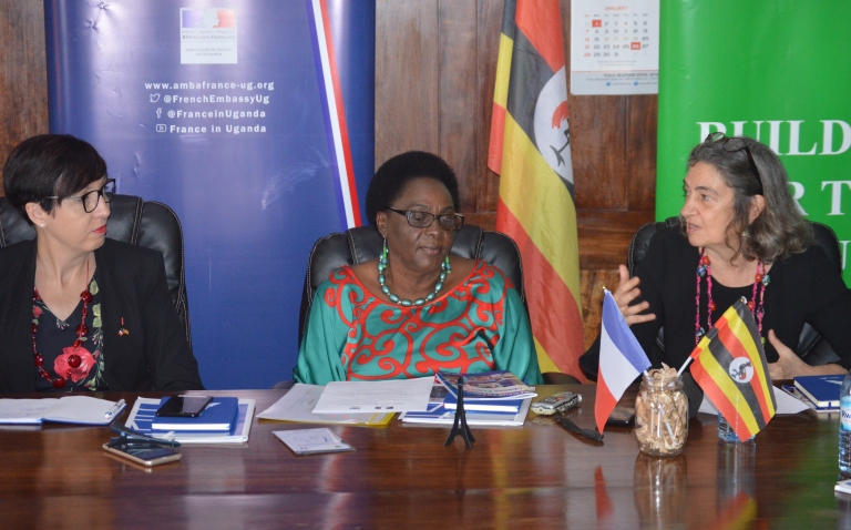 L-R; the Ambassador of France to Uganda, Her Excellency Stéphanie Rivoal, the Minister in Charge of General Duties in the Office of the Prime Minister Hon. Karoro Okurut andthe Director Campus France Ms. Beatrice Khaiat.