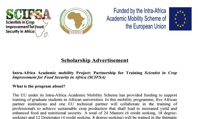Scholarship Advertisement: Intra-Africa Academic mobility Project: Partnership for Training Scientist in Crop Improvement for Food Security in Africa (SCIFSA)