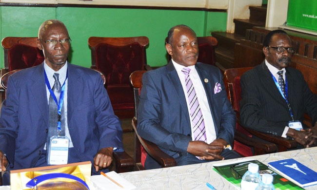 (L-R) Prof. Livingstone Luboobi, Prof. Barnabas Nawangwe and Dr Samuel Ikwaras Okware at the MUII Plus Scientific Symposium, 7th February 2018, Makerere University, Kampala Uganda