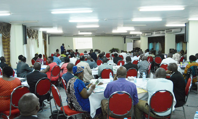 Stakeholders involved in mapping out Mak Strategic Plan Framework listen to Prof Barnabas Nawangwe's presentation