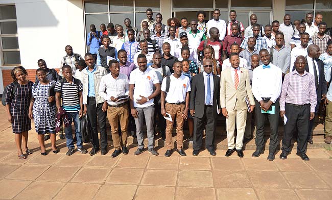Dr. Richard Munang-UN Environment Regional Climate Change Programme Coordinator for Africa (3rd R), Dr. Revocatus Twinomuhangi (4th L) with members of staff and students who attended the public lecture delivered by the former on 8th February 2018, at the SFTNB Conference Hall, Makerere University, Kampala Uganda.