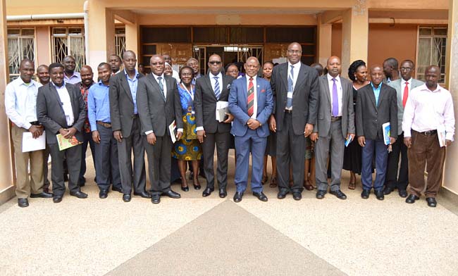 Vice Chancellor-Prof. Barnabas Nawangwe (5th R) flanked by Ag. CEO URBRA-Mr. Martin Nsubuga (8th R), Mr. Wilber Grace Naigambi (4th R), Mr. Stephen Kaboyo (6th R), Dr. John Kitayimbwa (2nd L) with Trustees, heads of staff associations after the MURBS Departmental Ambassadors and Customer Service Charter launch, 27th February 2018, Makerere University, Kampala Uganda.