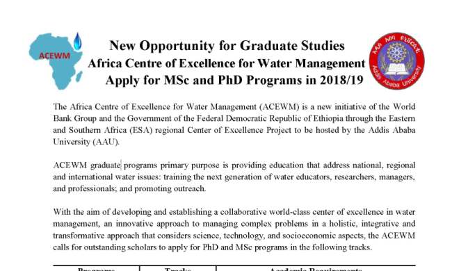 The Africa Centre of Excellence for Water Management (ACEWM) MSc and PhD Programs 2018/19 Addis Ababa University (AAU)