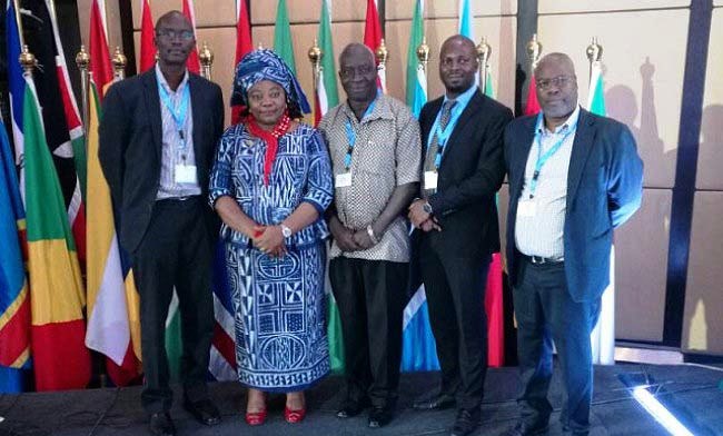 Prof Adipala (middle) and Dr Osiru (first from the left) pose for a picture with Commissioner for Human Resources, Science and Technology Her Excellency Professor Sarah Anyang Agbor, 3rd ADB STI Forum, Cairo Egypt, 10th - 12th February 2018
