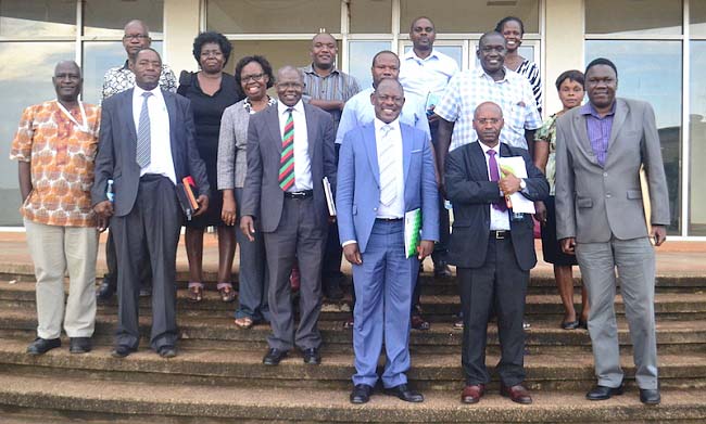 Vice Chancellor-Prof. Barnabas Nawangwe (3rd R) with the Principal-Prof. Bernard Bashaasha to his left and other CAES members of staff after the interaction with University Management on 20th March 2018, SFTNB Conference Hall, Makerere University, Kampala Uganda