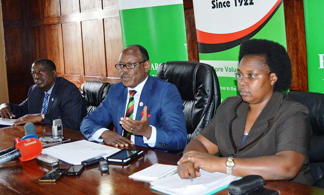 Vice Chancellor-Prof. Barnabas Nawangwe (C) flanked by Dean of Students-Mr. Cyriaco Kabagambe (L) and Ag. Director Gender Mainstreaming-Dr. Euzobia Mugisha Baine (R) addresses the Media on 16th March 2018, Makerere University, Kampala Uganda. Prof. Nawangwe reiterated the University's zero tolerance to sexual harassment.