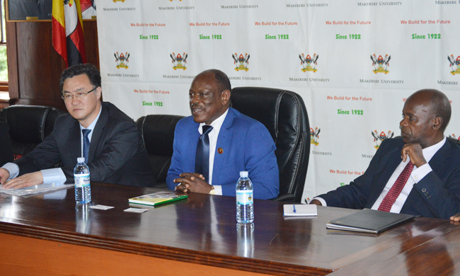 (L-R)Vice President of China University of Petroleum - Prof. Liu Huadong, Vice Chancellor - Prof. Barnabas Nawangwe and Principal of College of Natural Sciences- Prof. Joseph Mugisha