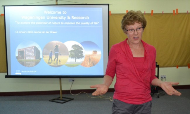 Jennie Van der Mheen from Wageningen University Netherlands tips attendees at the writeshop, 16th to 20th April 2018, Entebbe, Uganda Image:RUFORUM