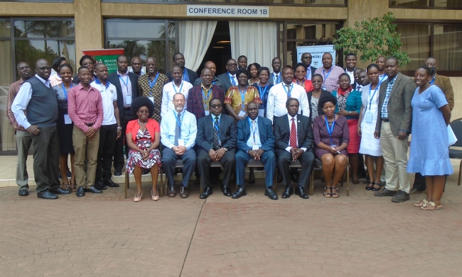 DVCFA also OHCEA PI & CEO-Prof. William Bazeyo (2nd R Seated), Principal CoVAB also Co PI OHCEA-Prof. John David Kabasa (3rd L Seated) with participants during the validation of the report on analysis of the One Health workshop by Makerere University School of Public Health and CoVAB, 12th April 2018, Protea Hotel, Kampala Uganda.